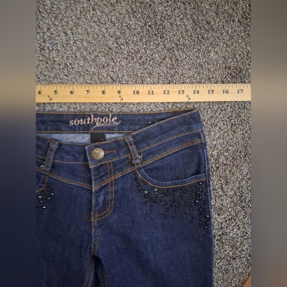 Vintage Y2K Southpole Low-Rise Rhinestone Jeans Dark Wash Skinny/ Straight Sz 5 - Picture 3 of 6